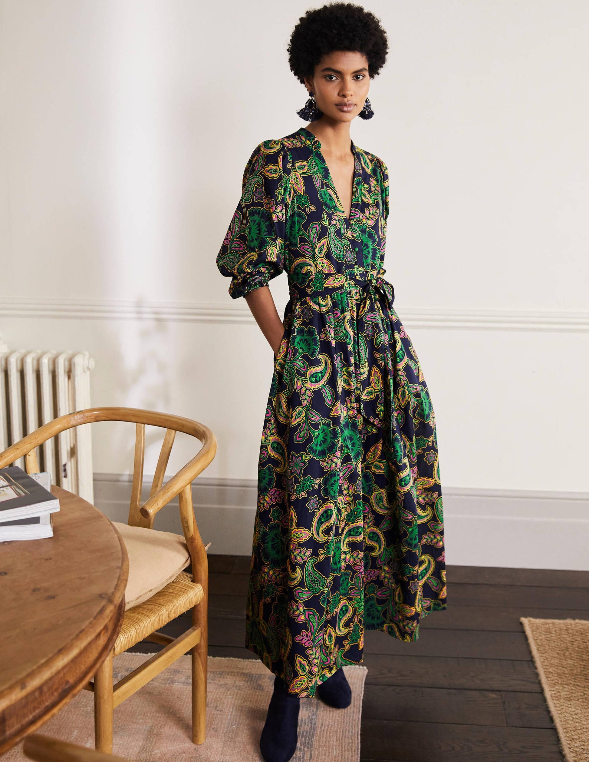 Baumwoll-Maxikleid mit gekerbtem Ausschnitt-Navy, Exotisches Blumenmuster-4