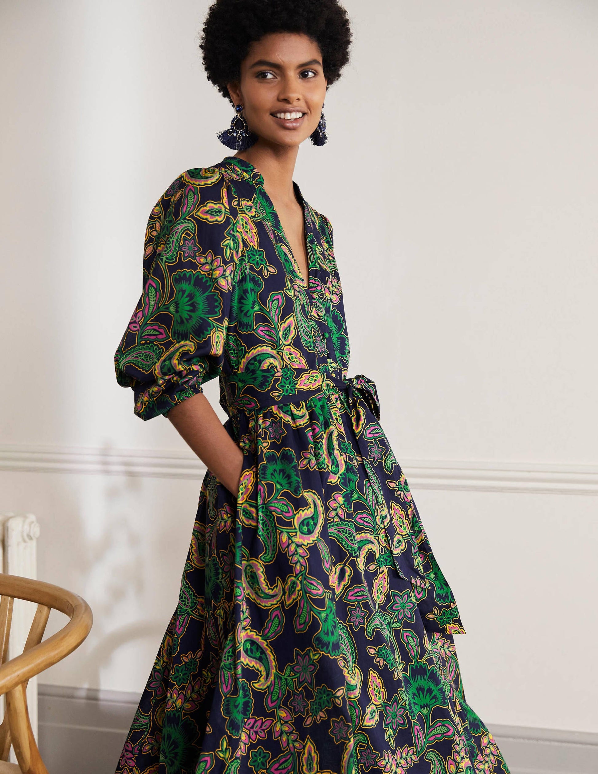 Baumwoll-Maxikleid mit gekerbtem Ausschnitt-Navy, Exotisches Blumenmuster-3