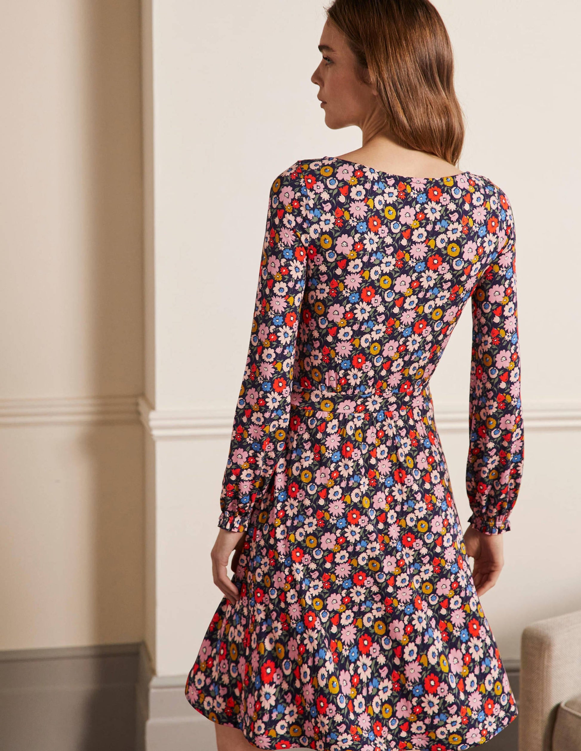 Robe midi Evelyn en jersey-Bleu marine foncé, motif Elegant Bloom-3