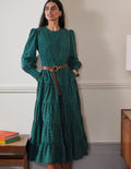 Maxikleid mit Stufen-Schottengrün, Filigranes Blumenmuster