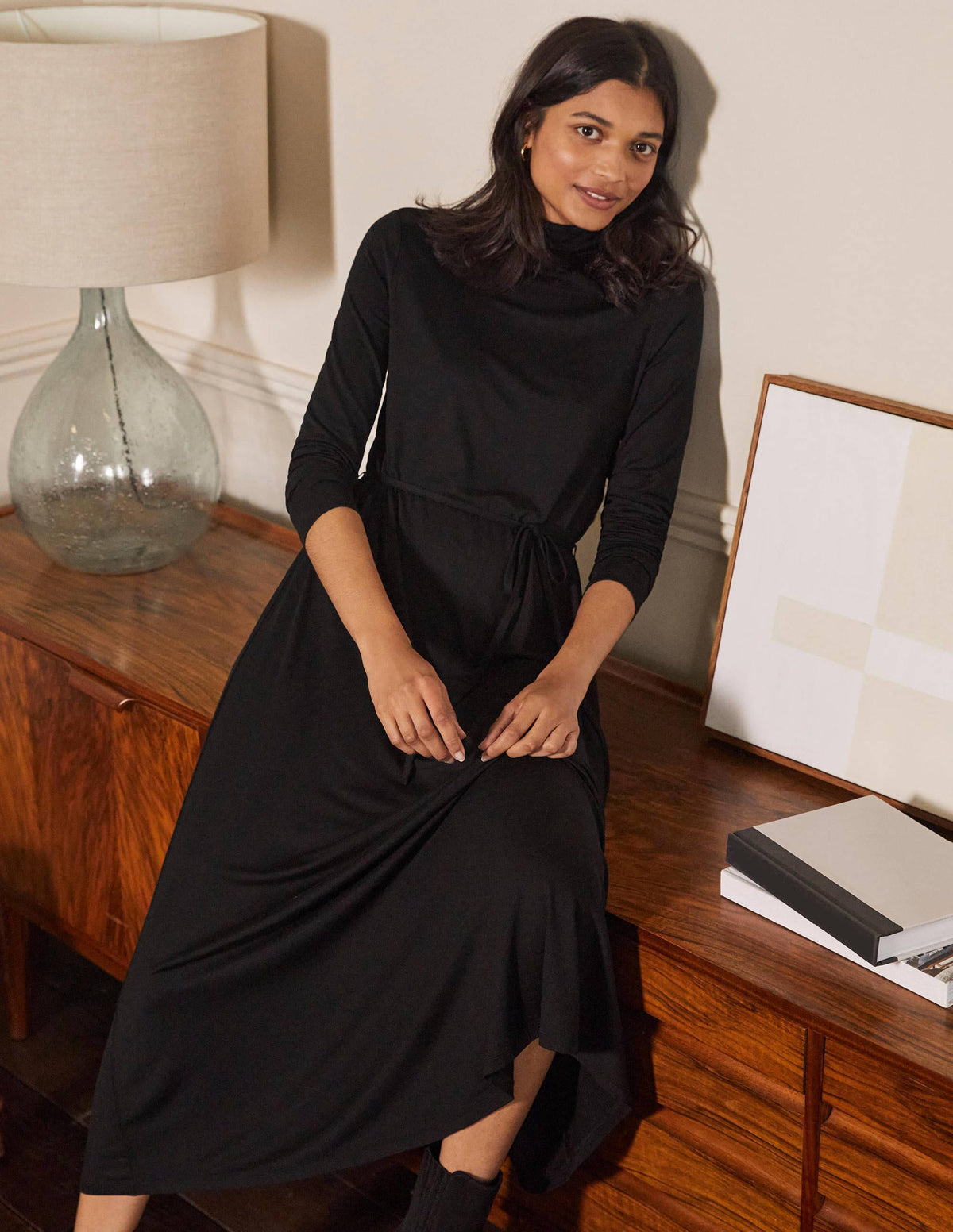 Jersey-Midikleid mit Rollkragen-Schwarz-1