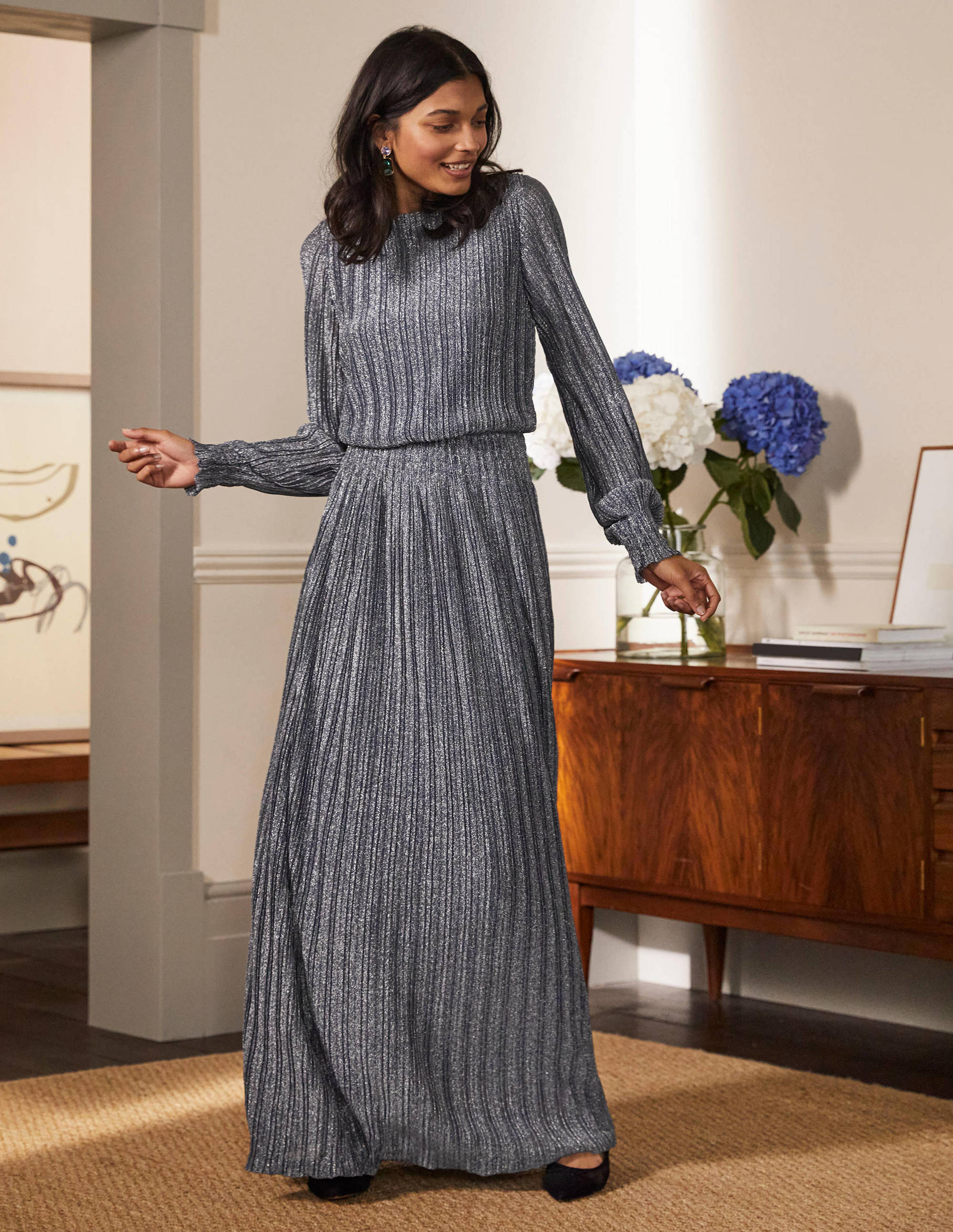 Robe longue plissée et métallisée-Gris acier métallisé - Image 1