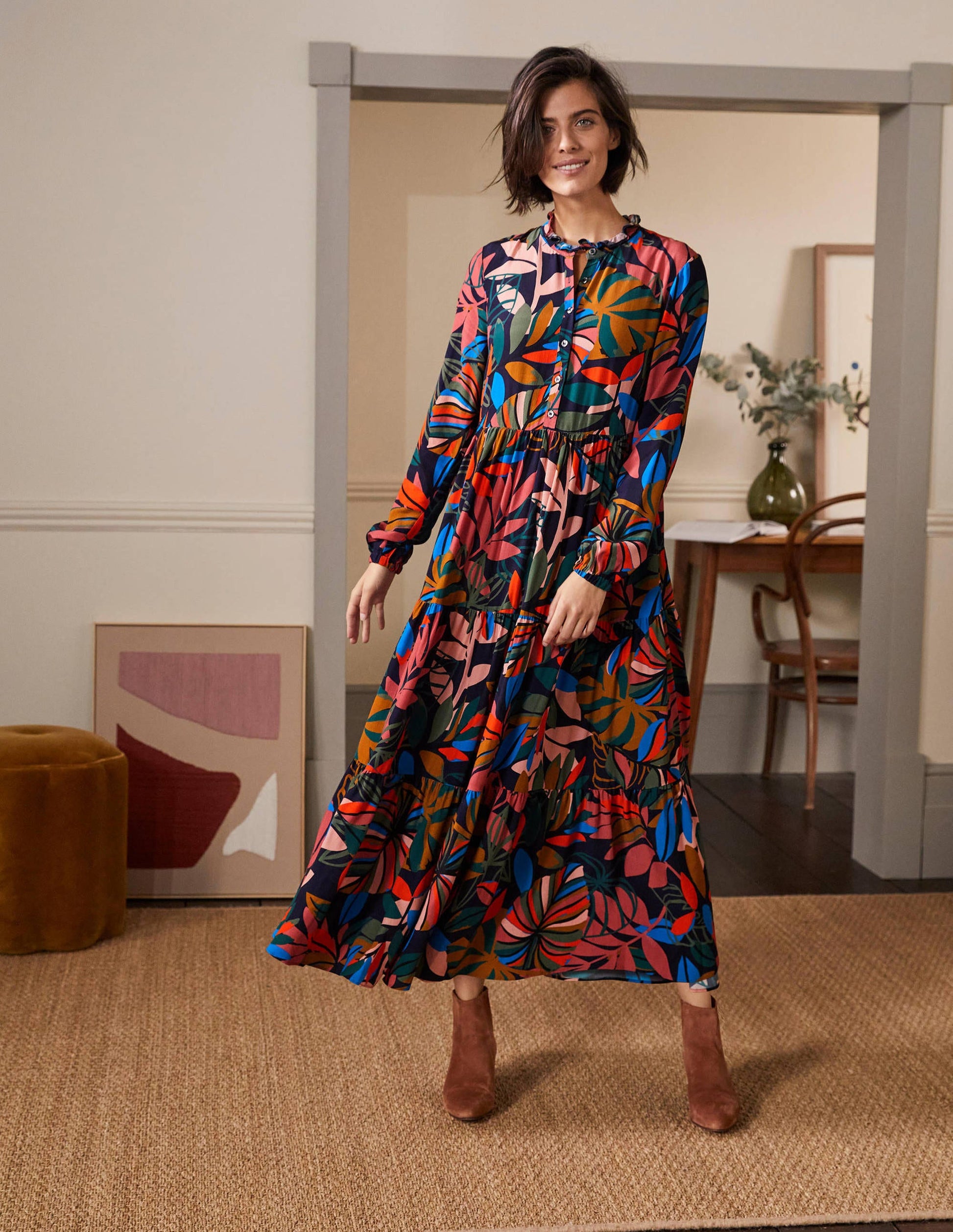 Robe-chemise longue à volants-Bleu marine foncé, motif Tropic Palm-1