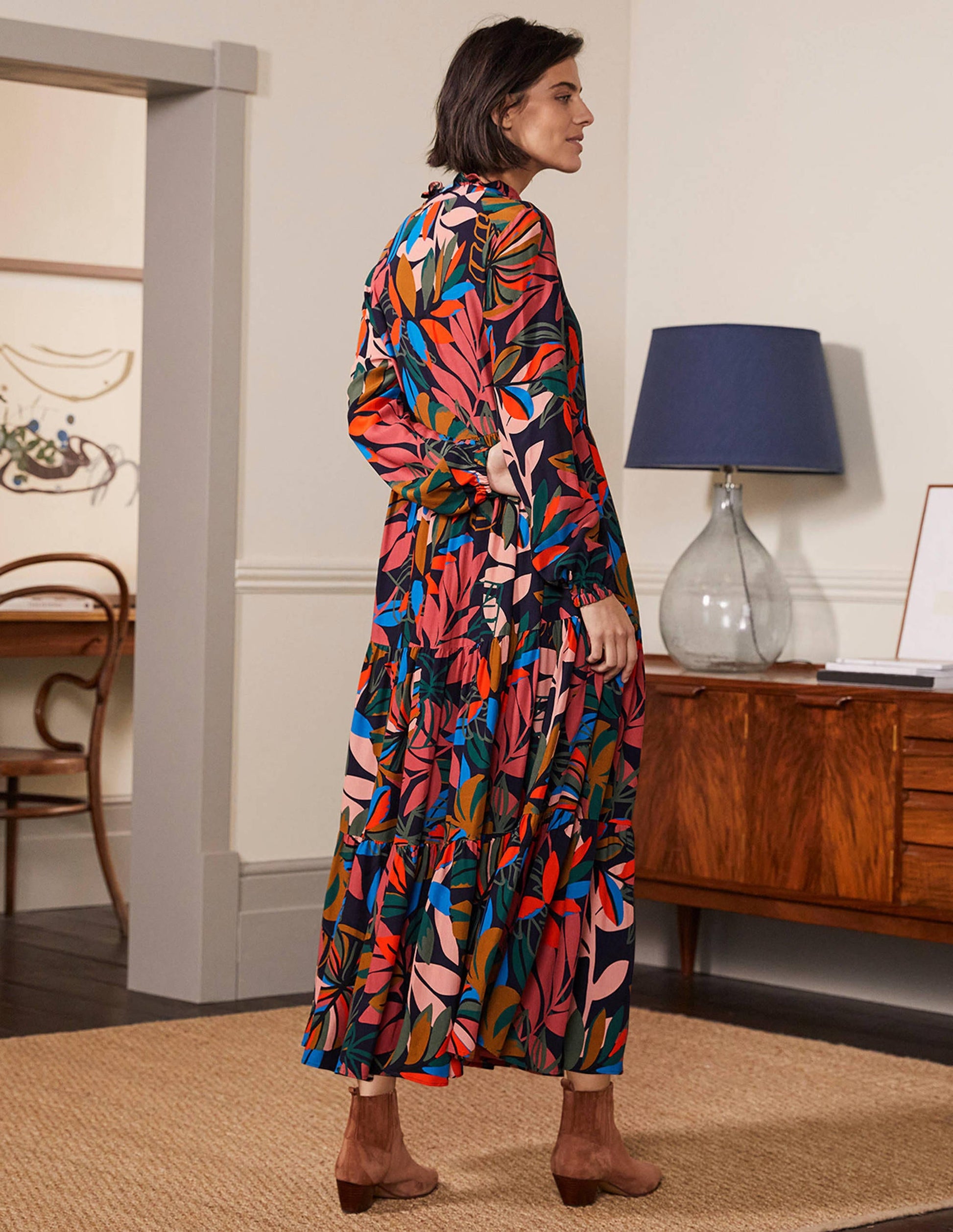 Robe-chemise longue à volants-Bleu marine foncé, motif Tropic Palm-3