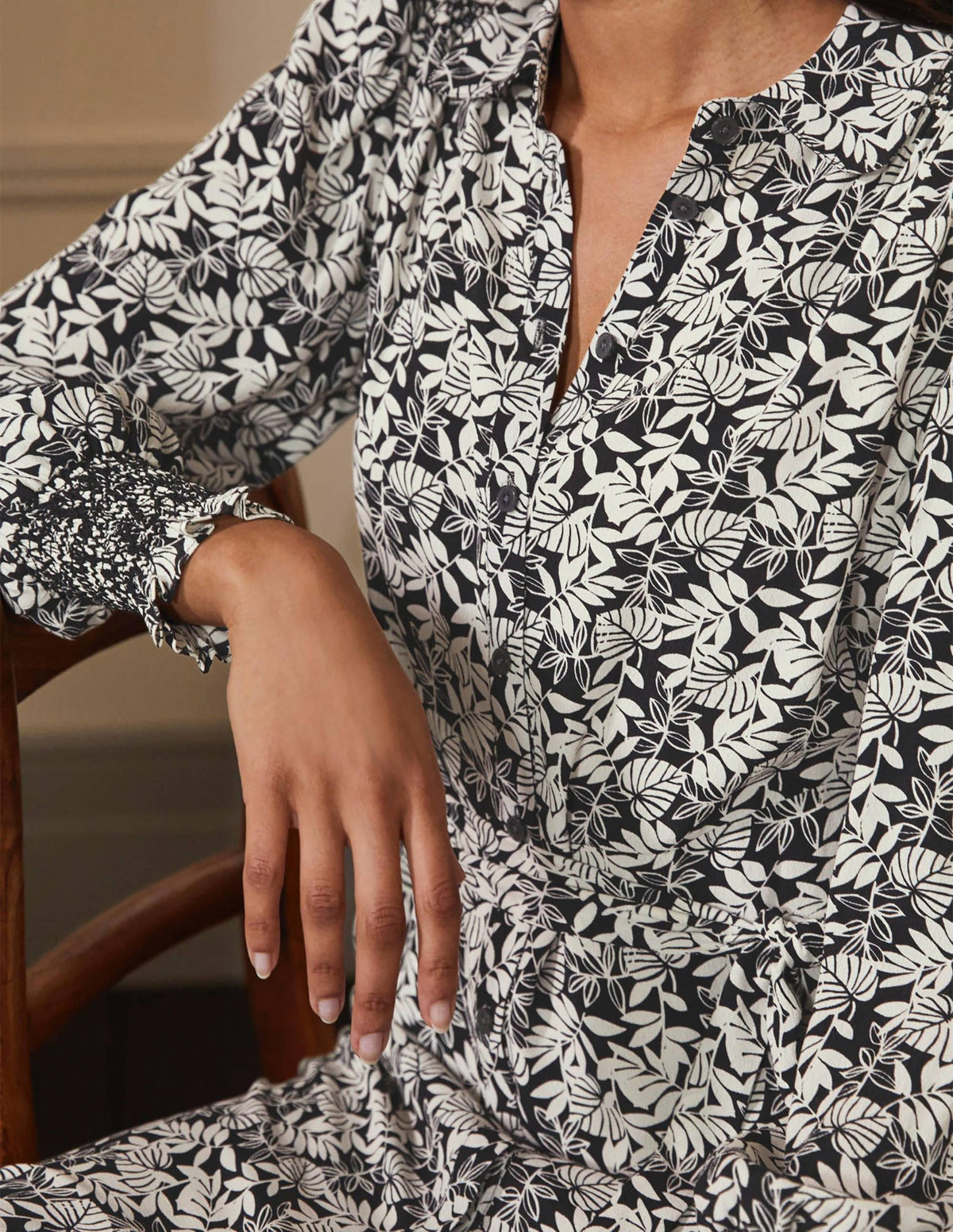 Smocking Detail Shirt Dress-Black, Tropic Palm-2