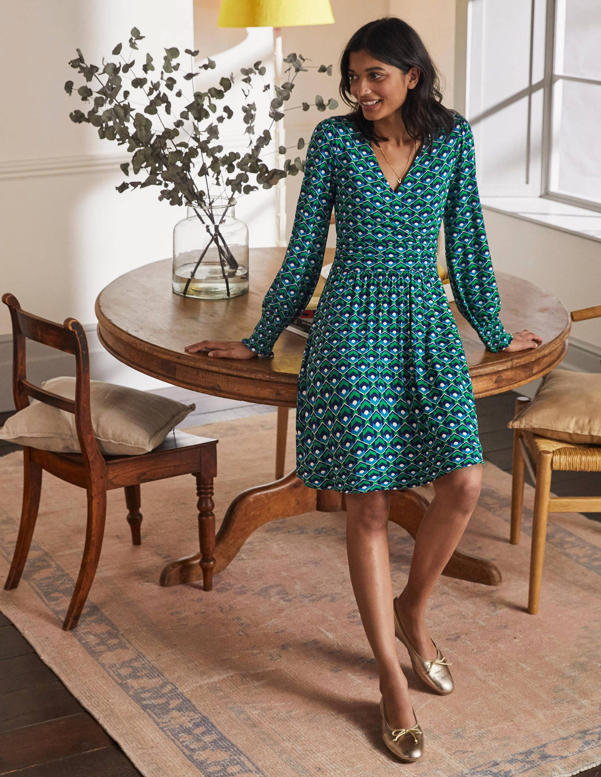 Jersey Wrap Dress-Highland Green, Geometric Tile - Image 4