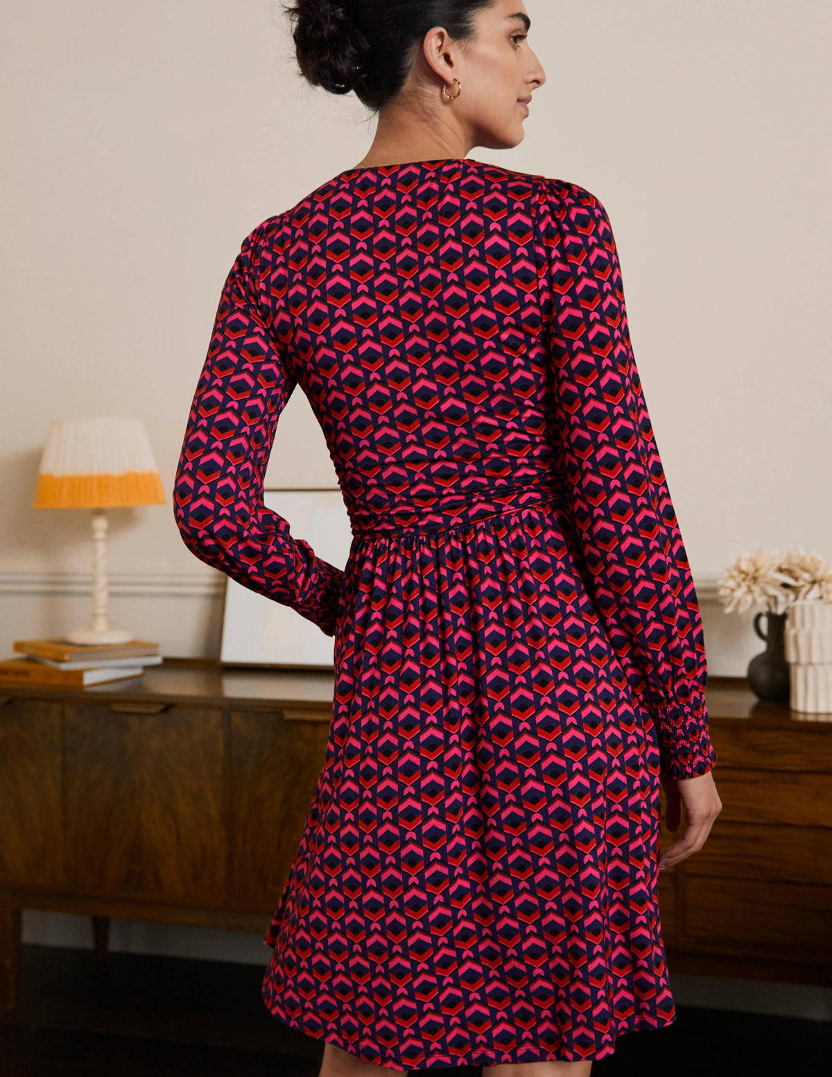 Robe portefeuille en jersey-Rose festif, motif tuile géométrique-3