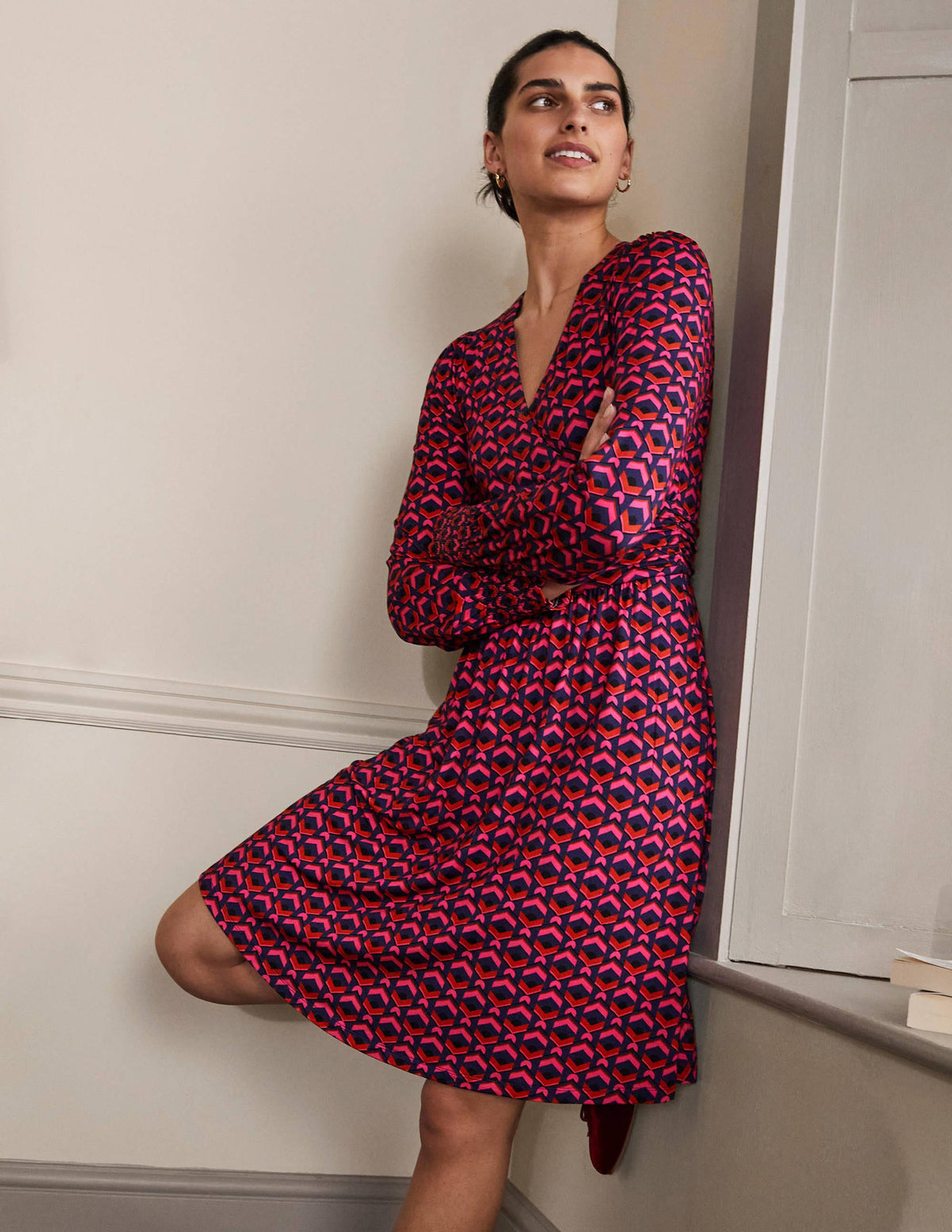 Robe portefeuille en jersey-Rose festif, motif tuile géométrique-4