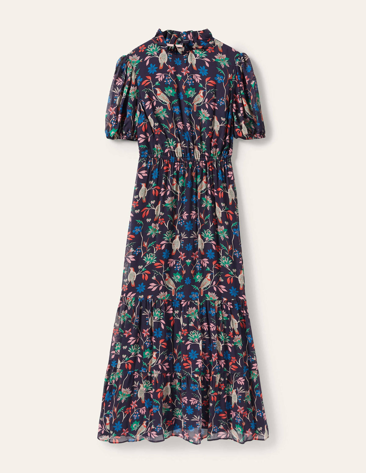 Robe volantée à manches bouffantes-Bleu marine, oiseau baie-5