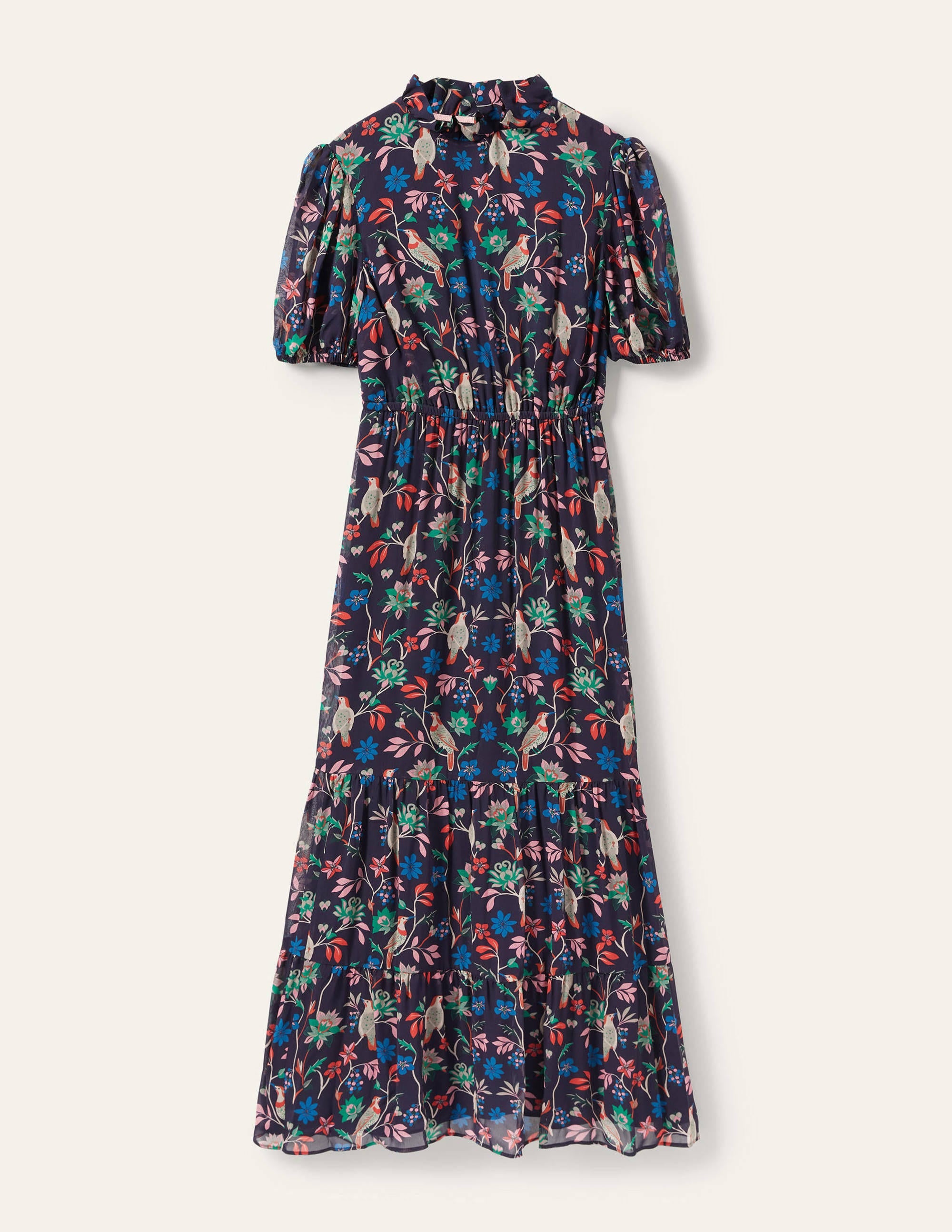 Robe volantée à manches bouffantes-Bleu marine, oiseau baie - Image 5