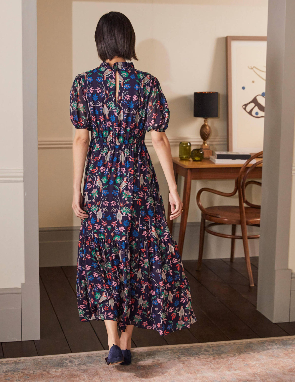 Robe volantée à manches bouffantes-Bleu marine, oiseau baie-3
