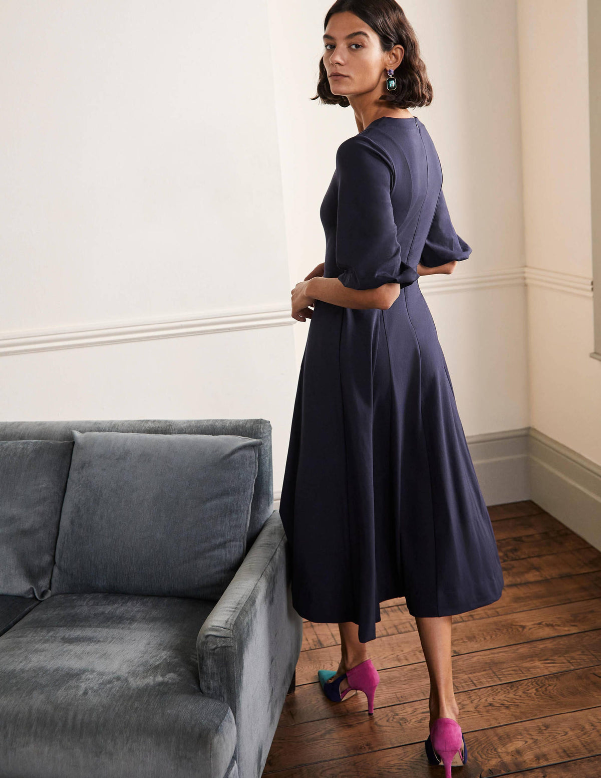 Full Skirt Jersey Midi Dress-Navy - Image 3