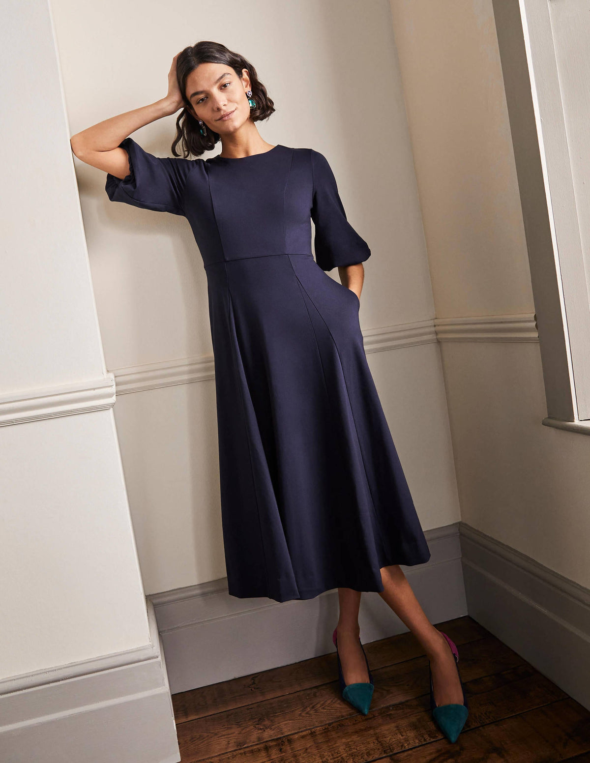 Full Skirt Jersey Midi Dress-Navy-4