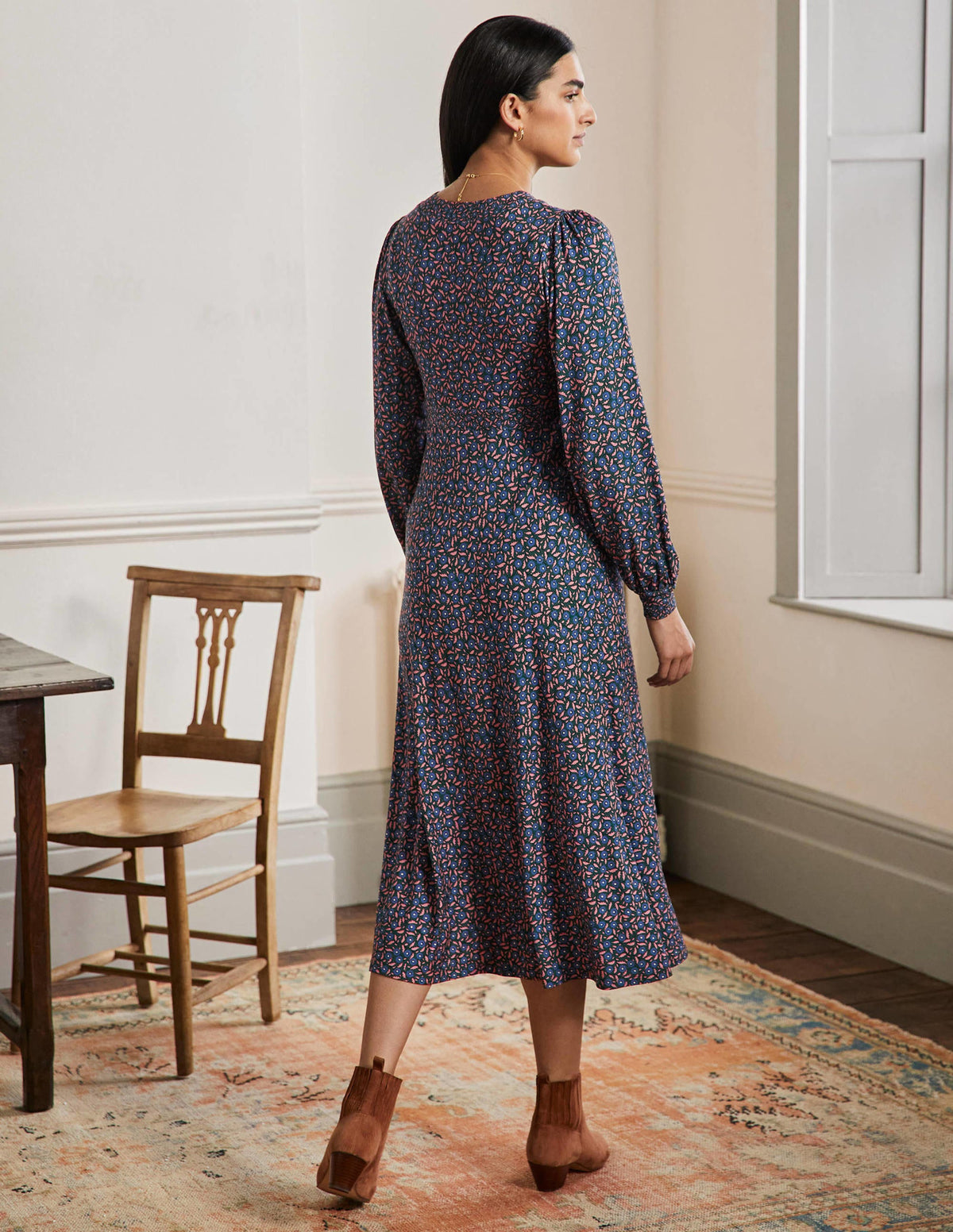 Robe empire style 40s en jersey-Ruban bleu, motif Rambling Ditsy-3