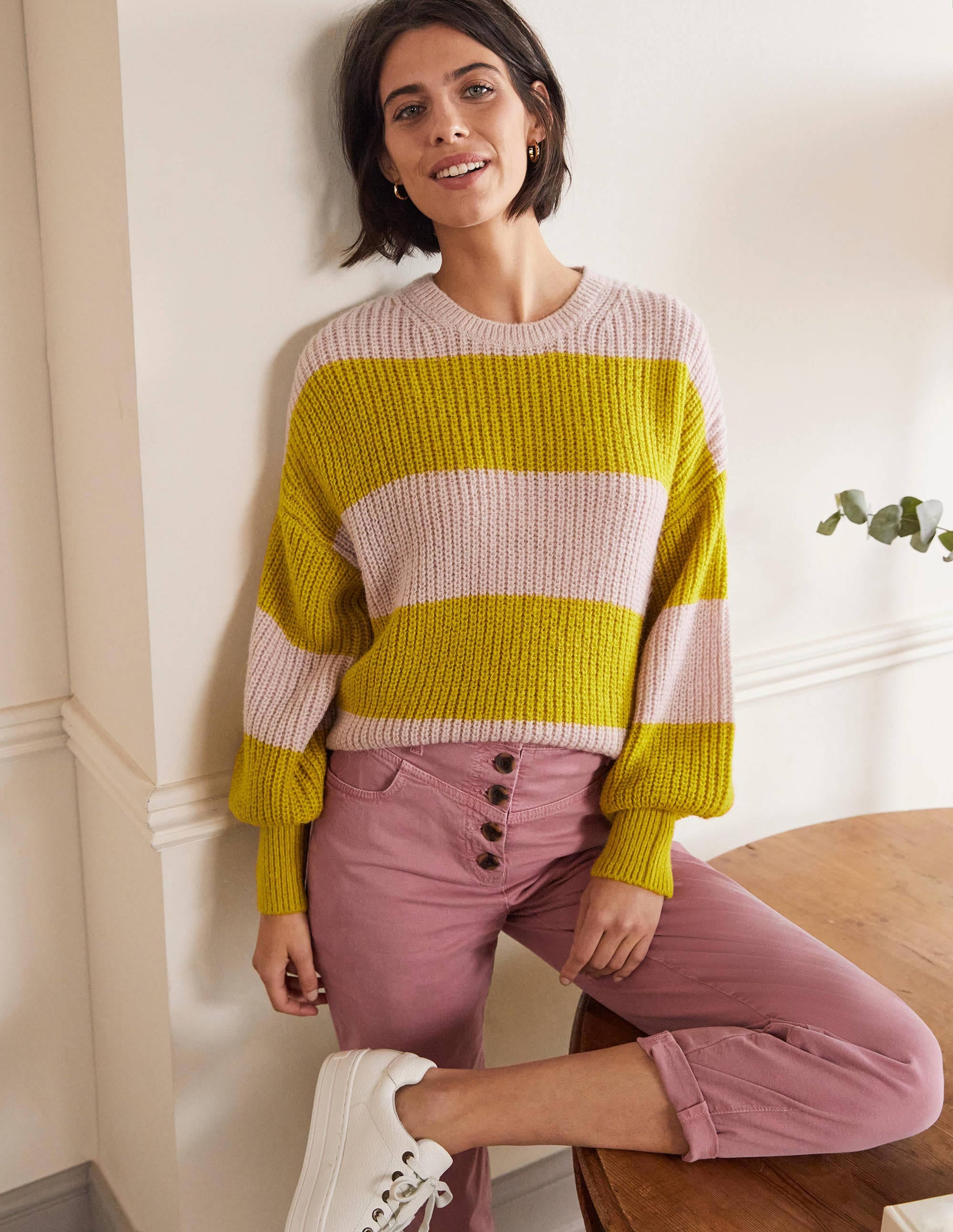 Pull duveteux à manches blousantes-Rose, rayé multi jaune - Image 1