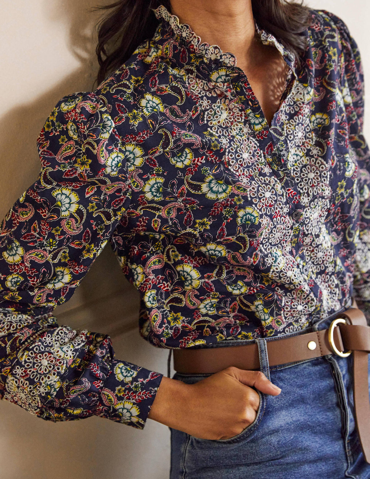 Broderie Cotton Blouse-French Navy, Exotic Floral-1