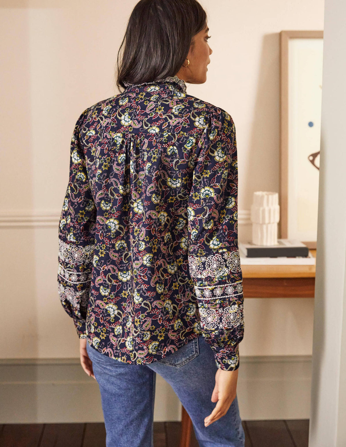 Broderie Cotton Blouse-French Navy, Exotic Floral - Image 2