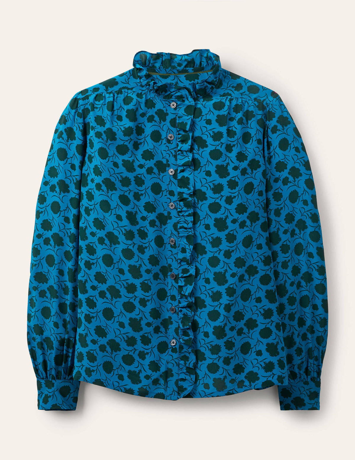 Seidenbluse mit hohem Kragen und Rüschen-Winterliches Azurblau, Knospen mit Blättern-6