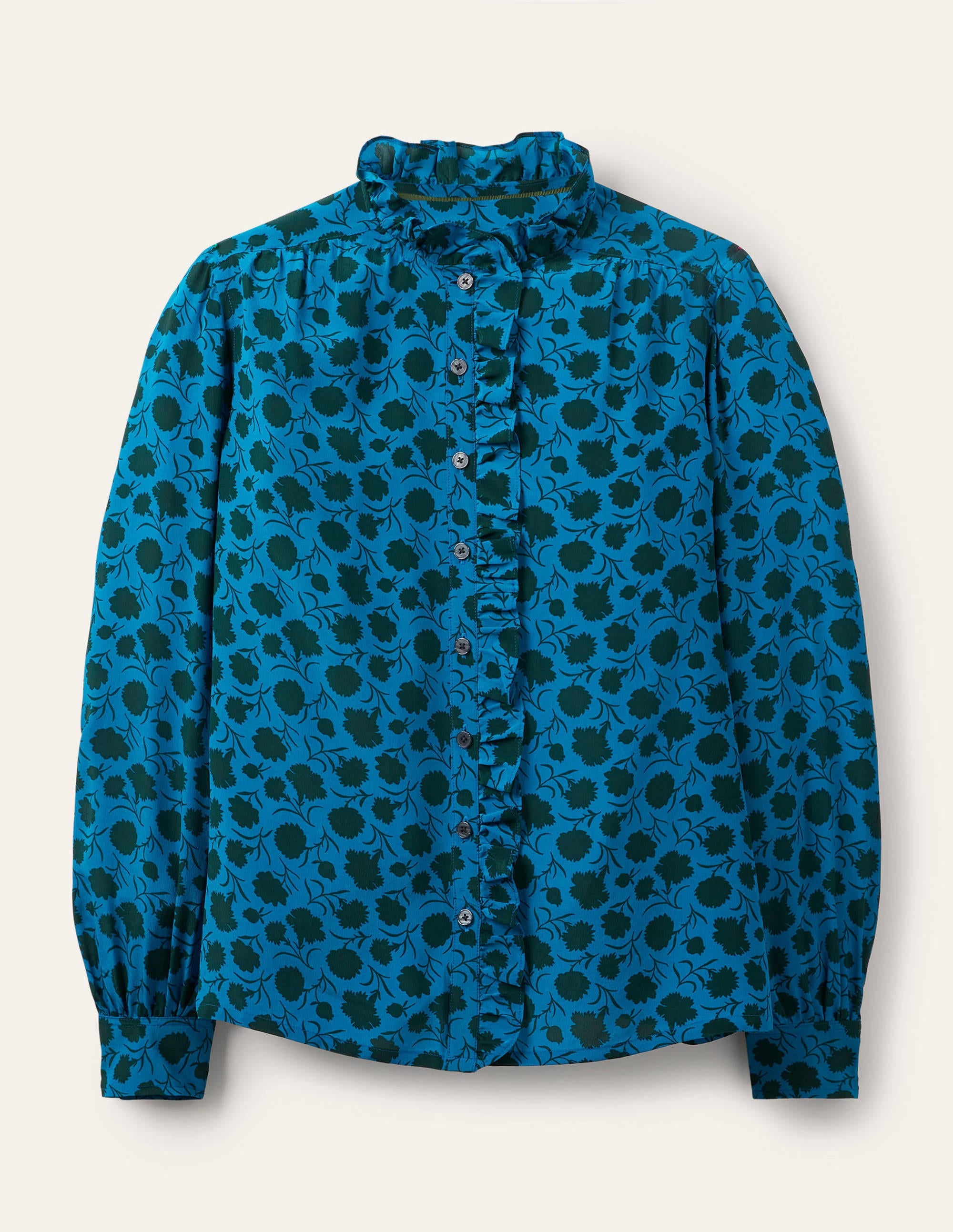 Seidenbluse mit hohem Kragen und Rüschen-Winterliches Azurblau, Knospen mit Blättern - Image 6