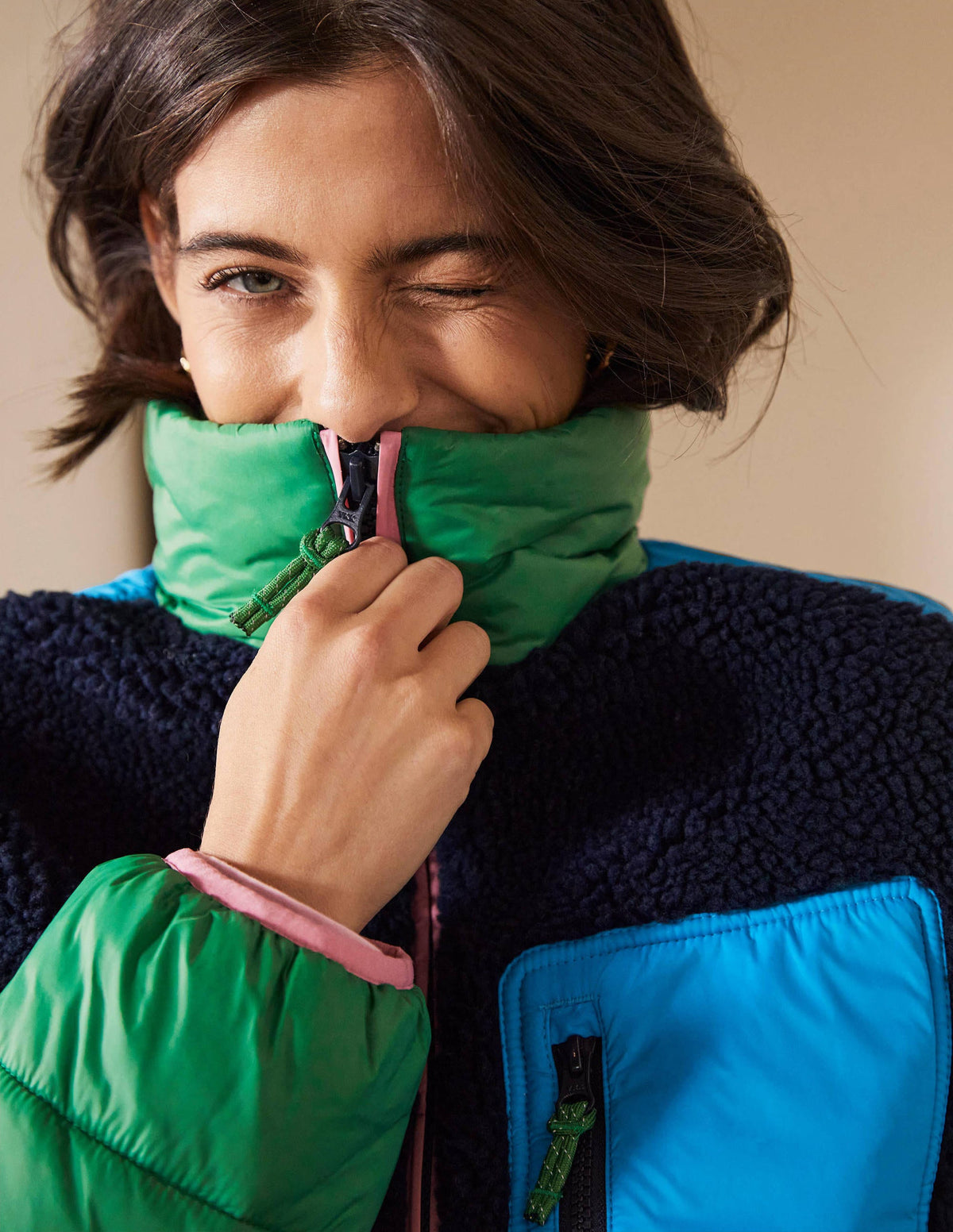 Borg Mix Puffer Jacket-Navy/Conifer Green - Image 2