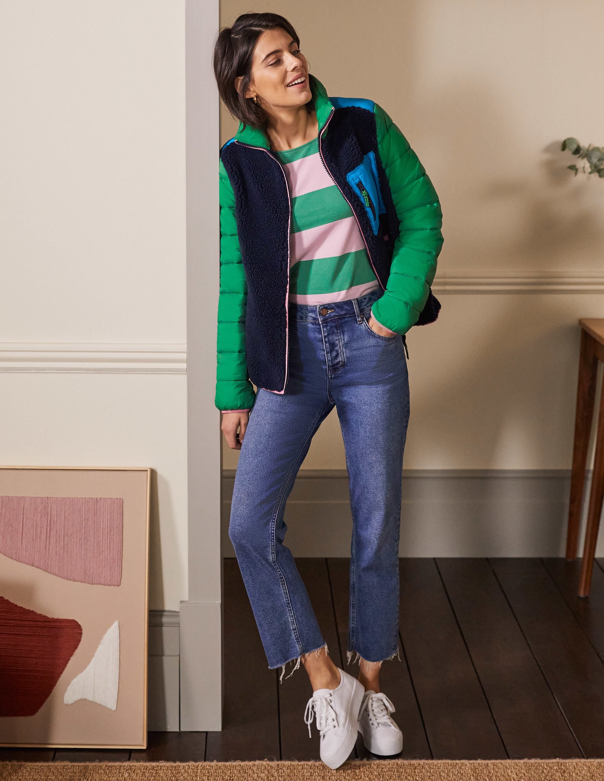 Borg Mix Puffer Jacket-Navy/Conifer Green - Image 4