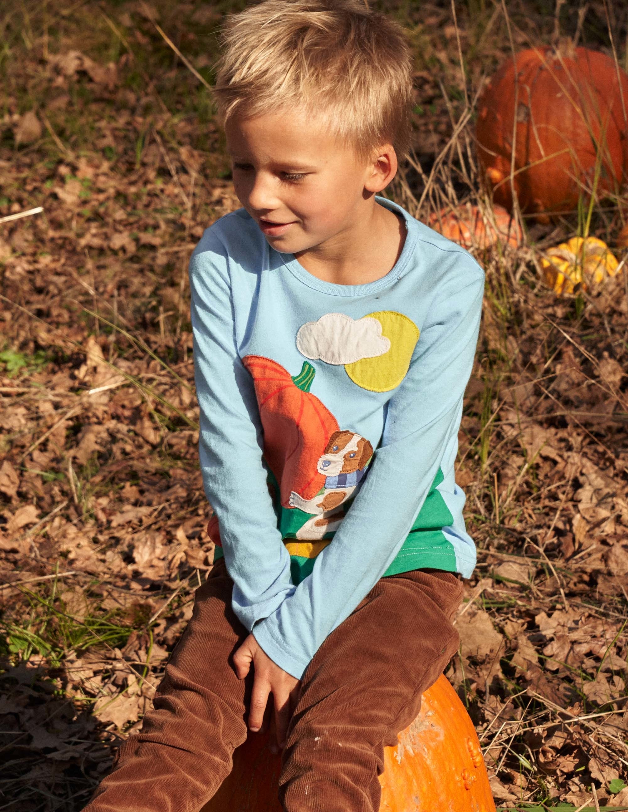 Blue Pumpkin Appliqué Long-Sleeved Halloween T-shirt-Surfbrett-Blau, Kürbis - Image 6