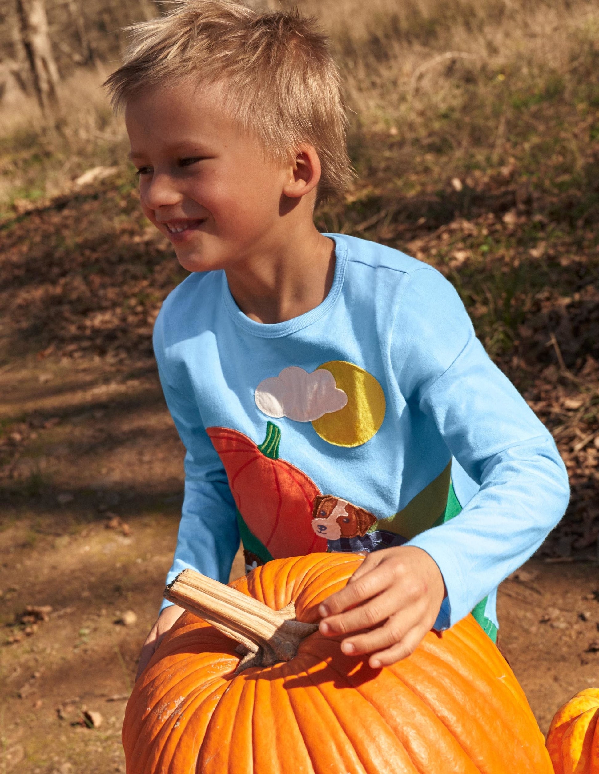 Blue Pumpkin Appliqué Long-Sleeved Halloween T-shirt-Surfbrett-Blau, Kürbis-7