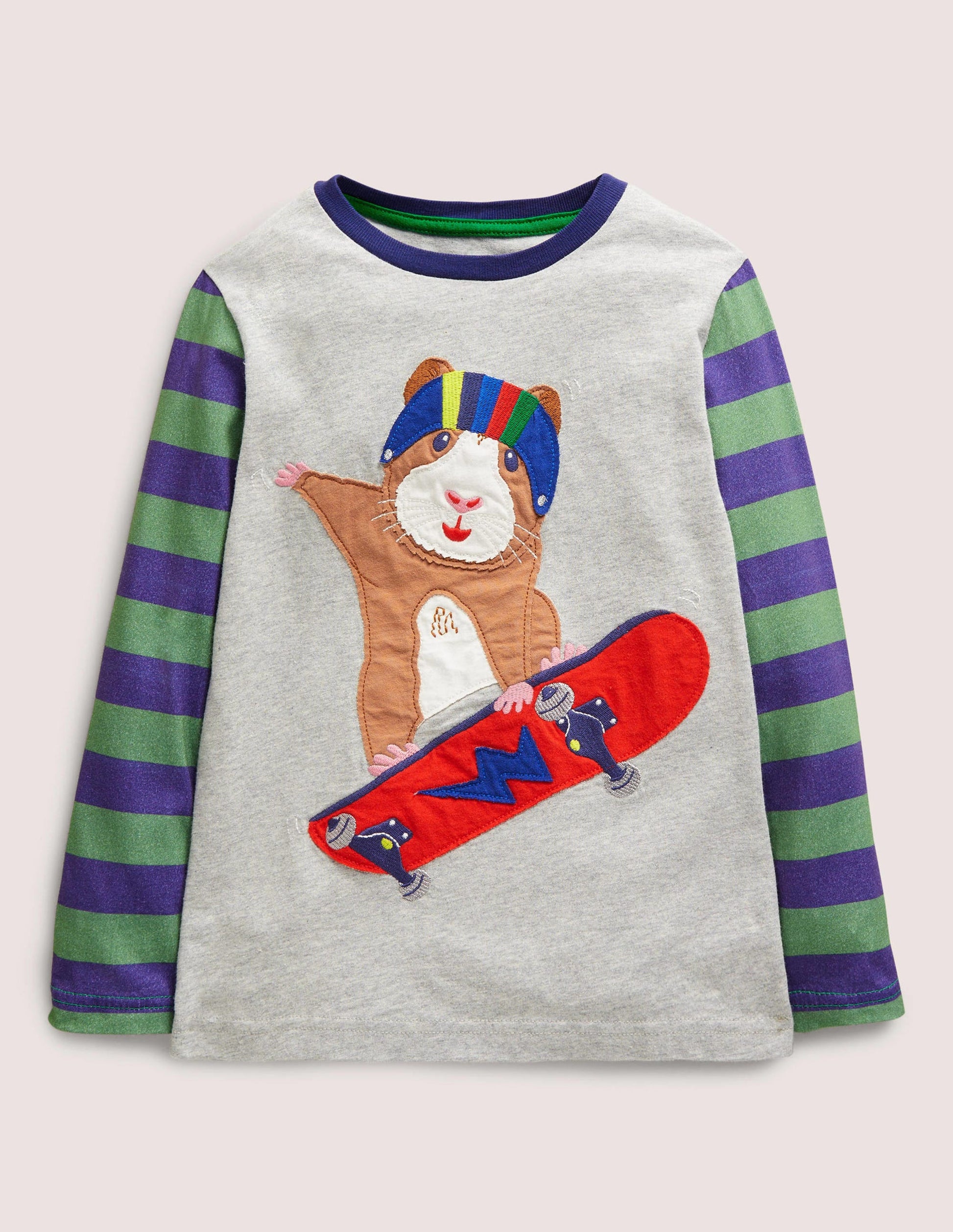 Oberteil mit Applikationen und Mustermix-Grau Meliert, Meerschweinchen auf Skateboard-1