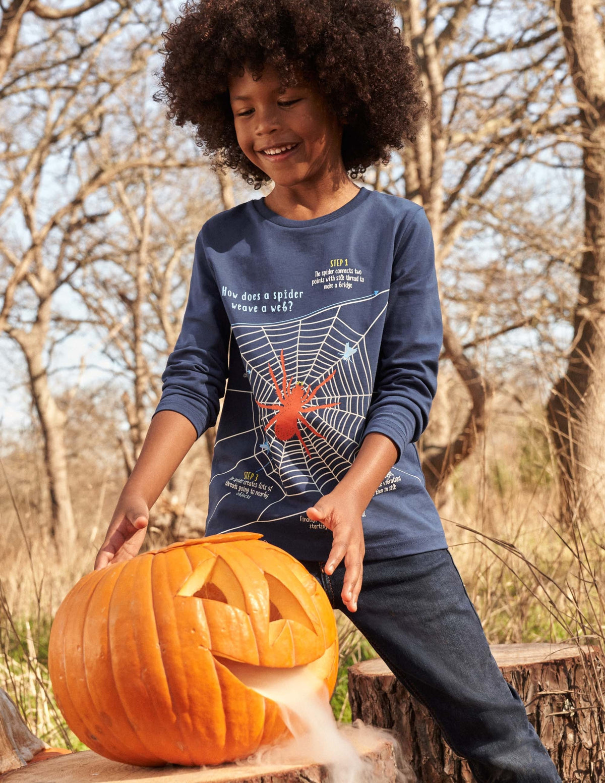 Navy Spider Print Long-Sleeved Halloween T-shirt-College Navy Spider Web - Image 5