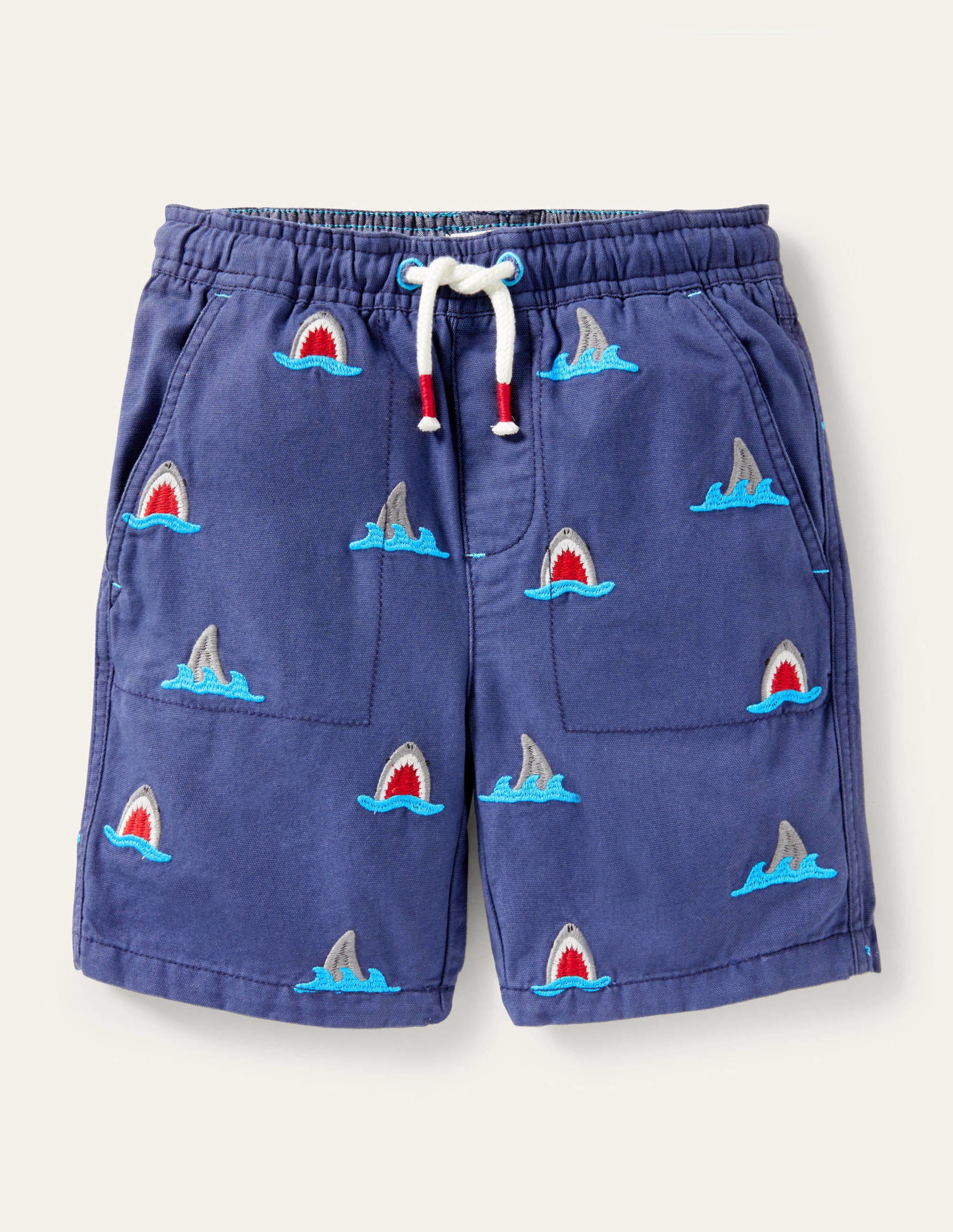 Pull-on Drawstring Shorts-Navy Shark Embroidery - Image 1