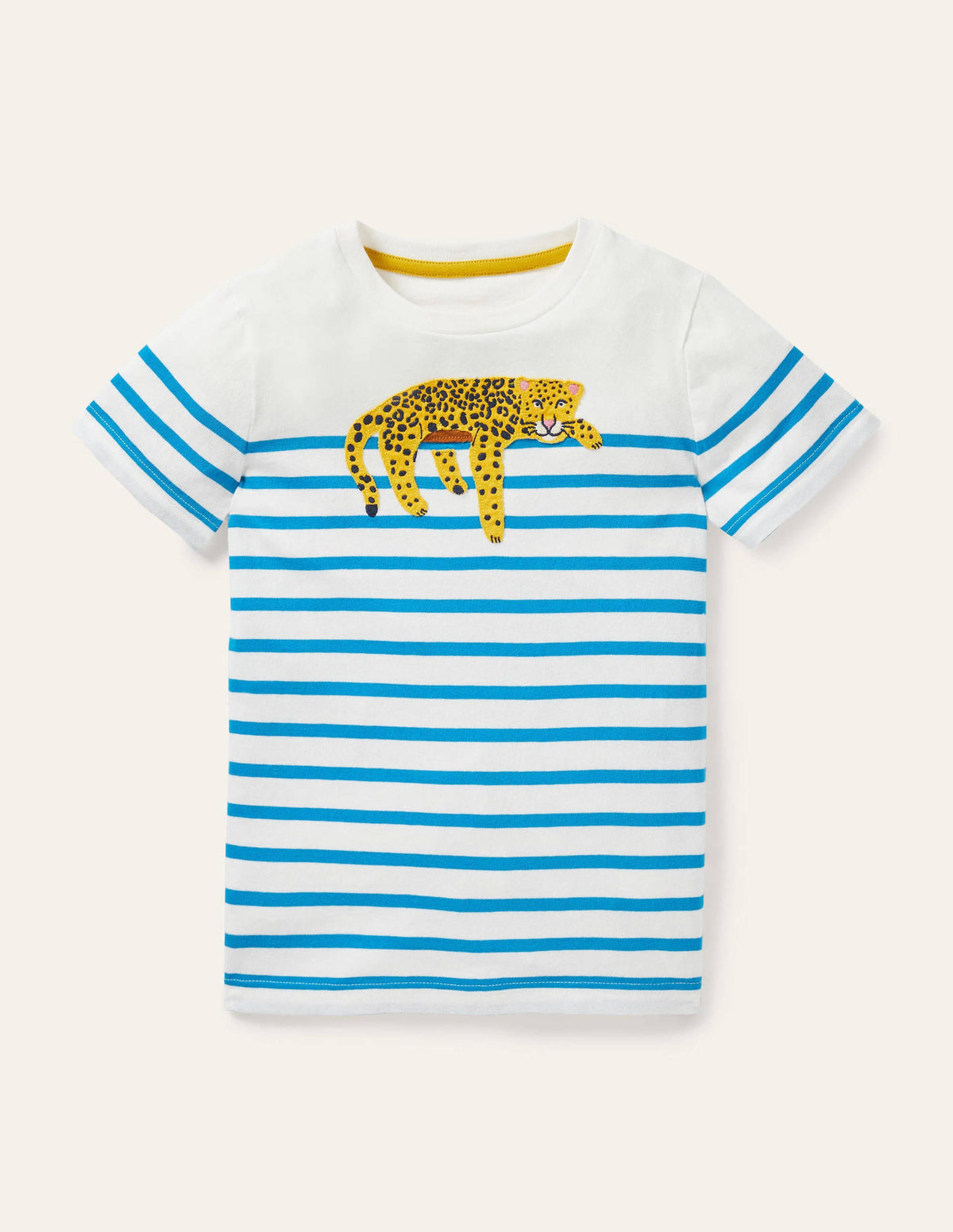 Breton-T-Shirt mit Tierapplikation-Malibu-Blau/Naturweiß, Leopard - Image 1