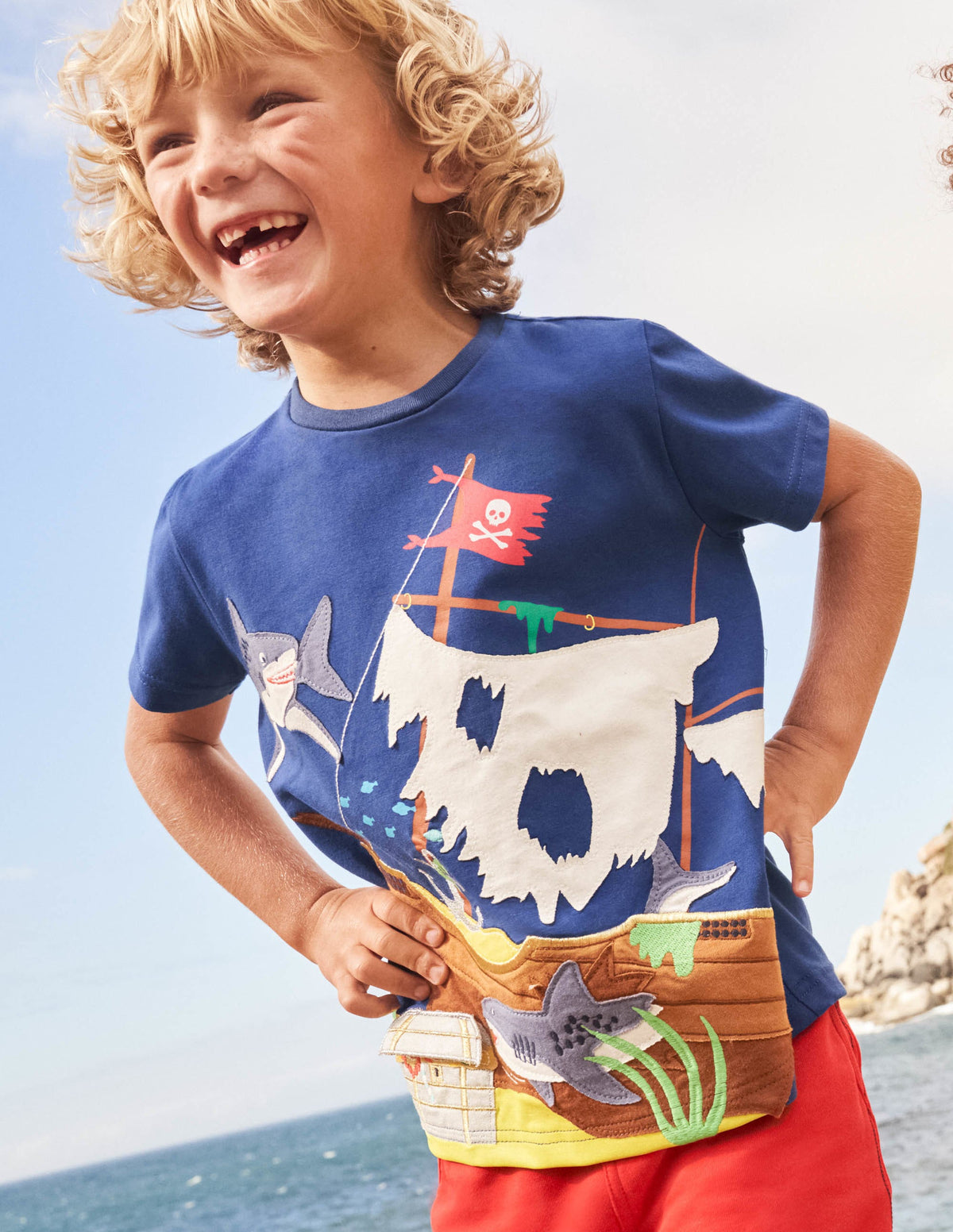 T-Shirt mit Aufklappmotiv-Segelblau, Piratenschiff-4
