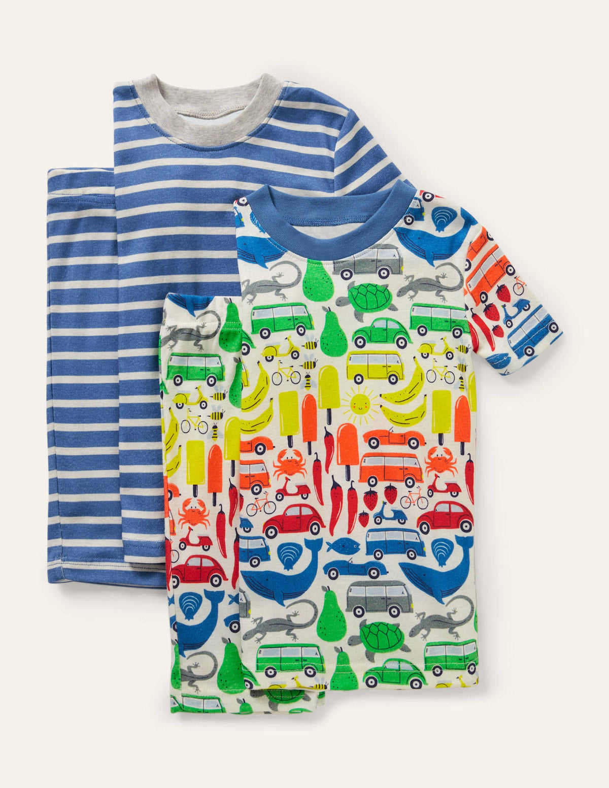 Kurzer Schlafanzug mit anliegender Passform im 2er-Pack-Naturweiß, Regenbogen/Road-Trip-Motiv-1