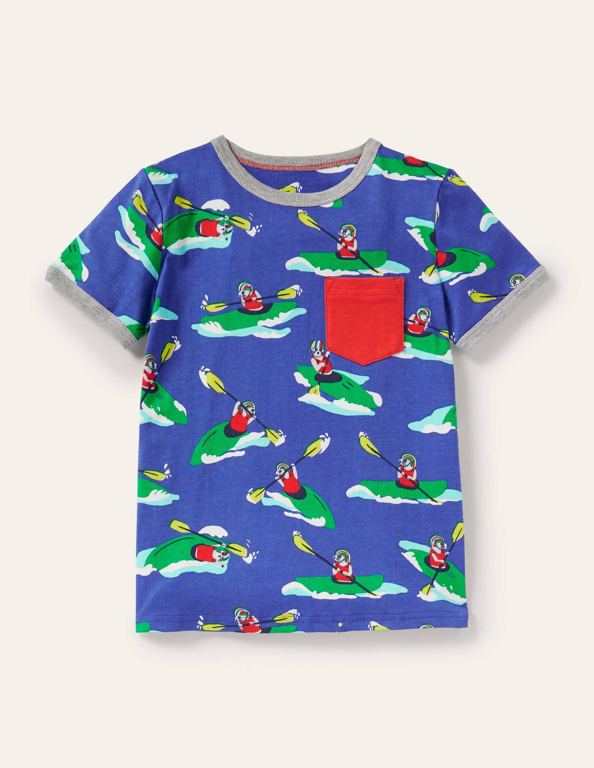 Printed Ringer T-shirt-Blue Wave Kayaking Meerkat - Image 1