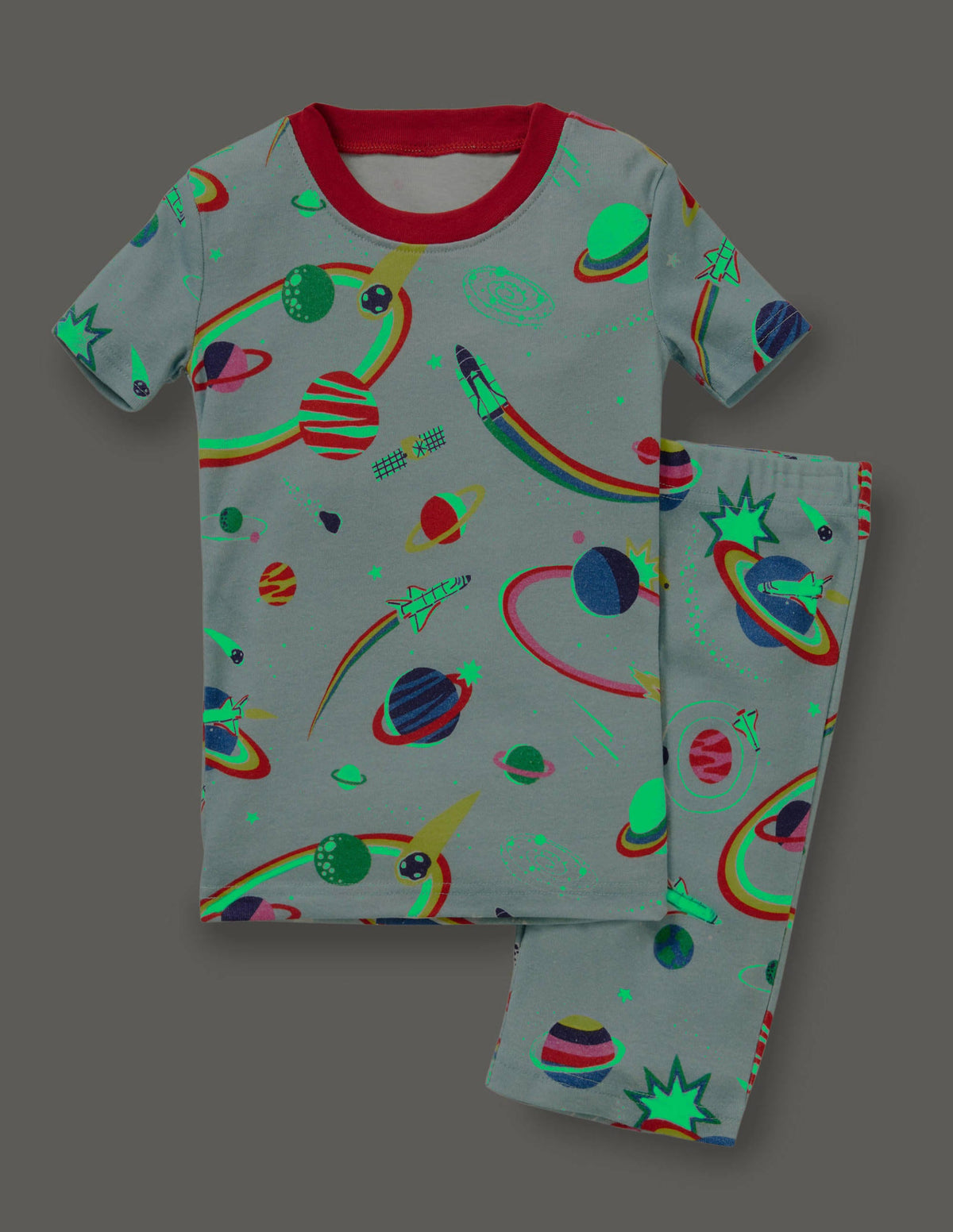 Im Dunkeln leuchtender Schlafanzug mit anliegender Passform-Mineralblau, Regenbogen/Weltall-4