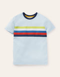 T-shirt délavé en tissu flammé-Bleu glacé/poitrine rayée arc-en-ciel