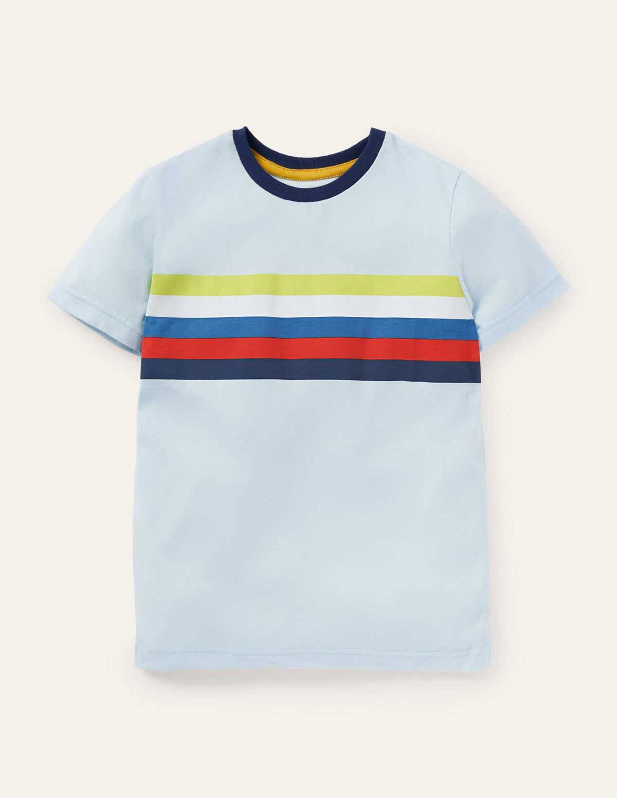 T-shirt délavé en tissu flammé-Bleu glacé/poitrine rayée arc-en-ciel-1
