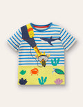 Gestreiftes T-Shirt mit Tierapplikation-Naturweiß/Marokkoblau, Giraffe
