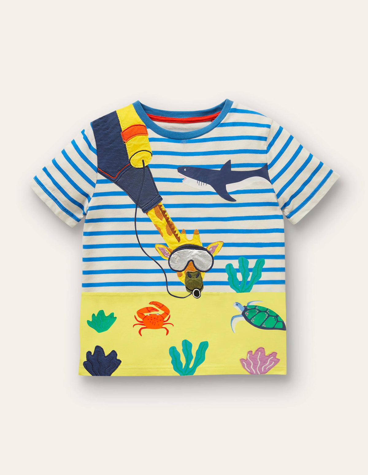 Gestreiftes T-Shirt mit Tierapplikation-Naturweiß/Marokkoblau, Giraffe - Image 1