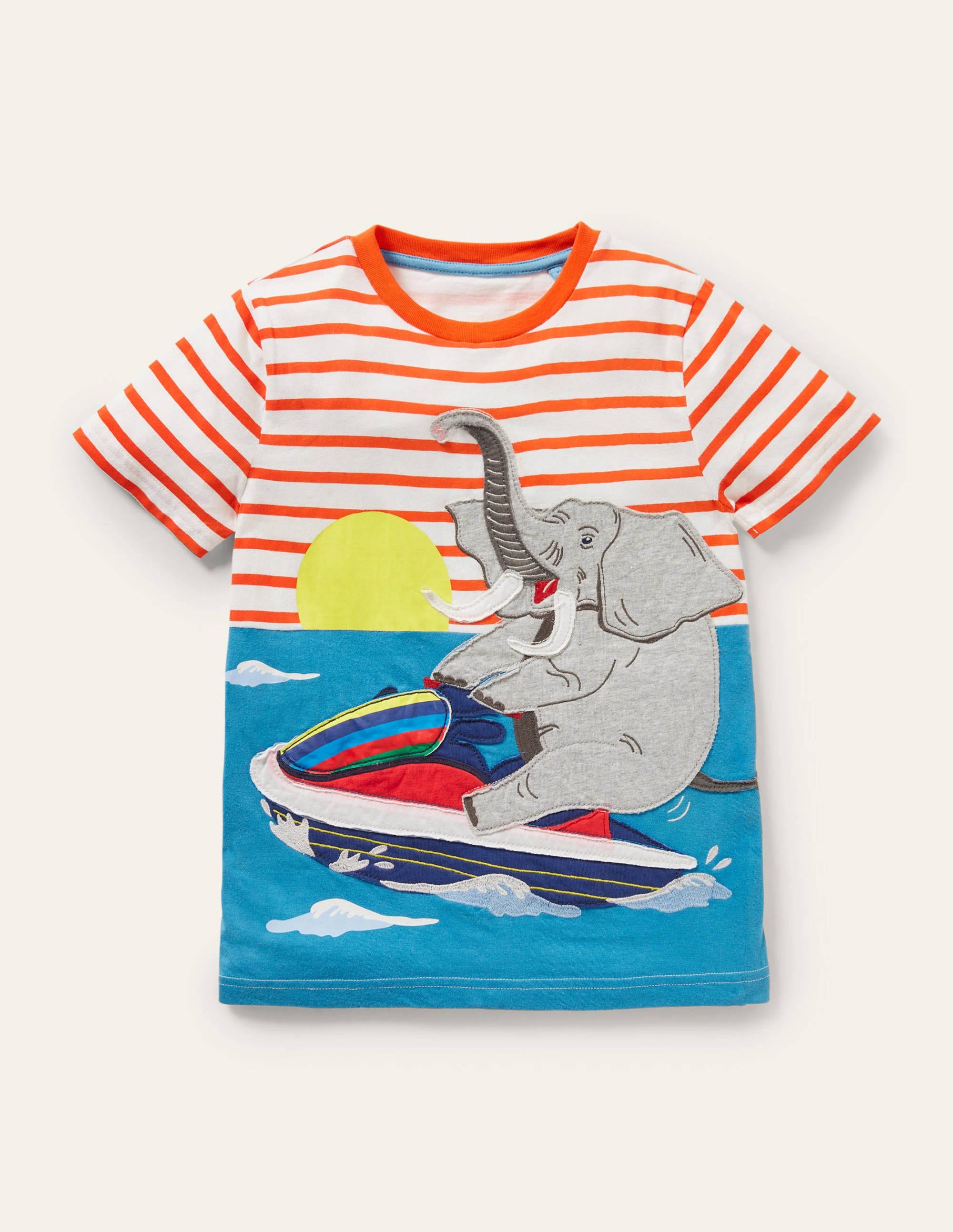 Gestreiftes T-Shirt mit Tierapplikation-Naturweiß/Mandarinenorange, Elefant - Image 1