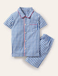 Nostalgisches kurzes Schlafanzugset-Elisabethanisches Blau, Vichykaros