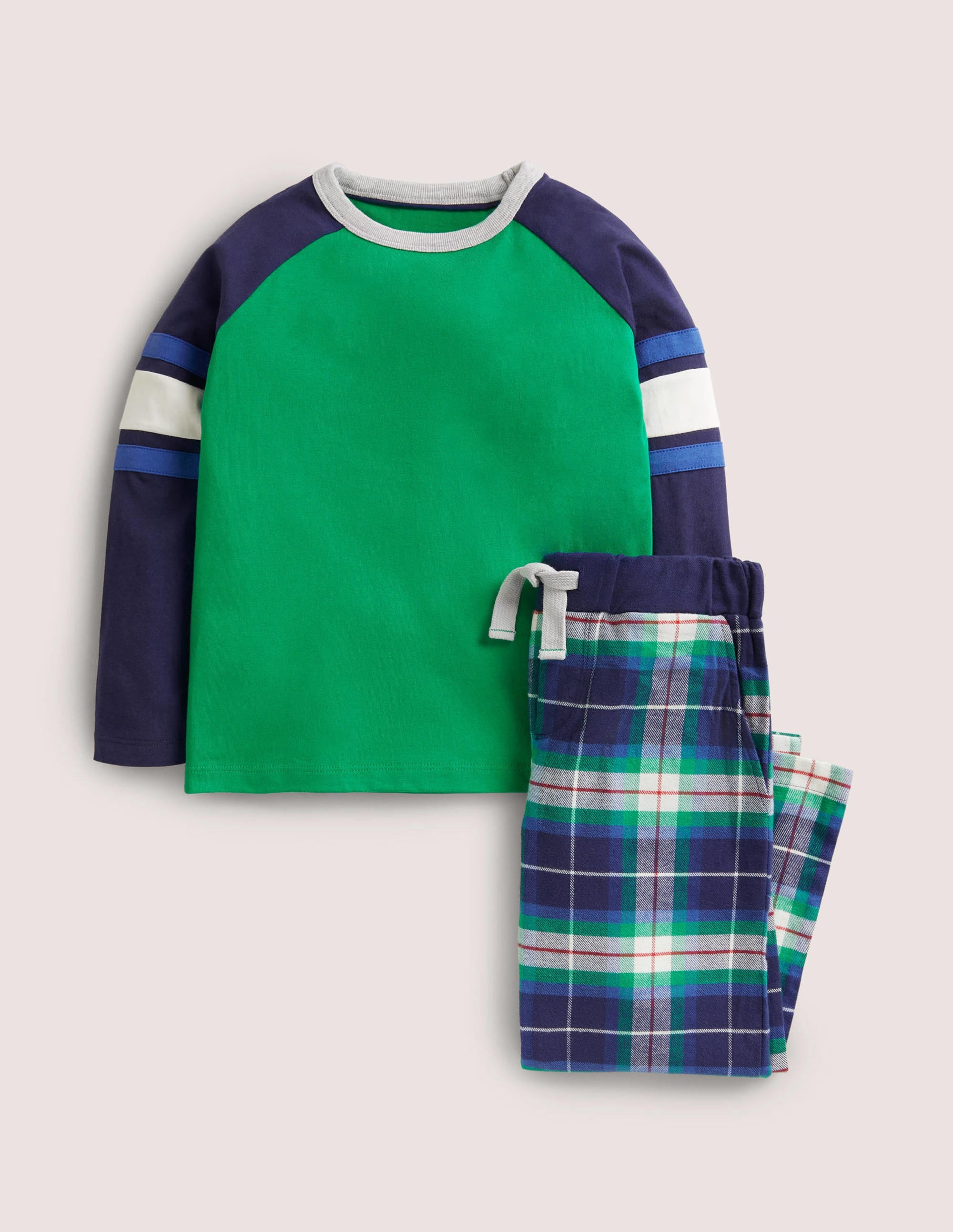 Gemütliches gebürstetes Schlafanzug-Set-Schuluniform-Navy/Grün, Kariert - Image 1