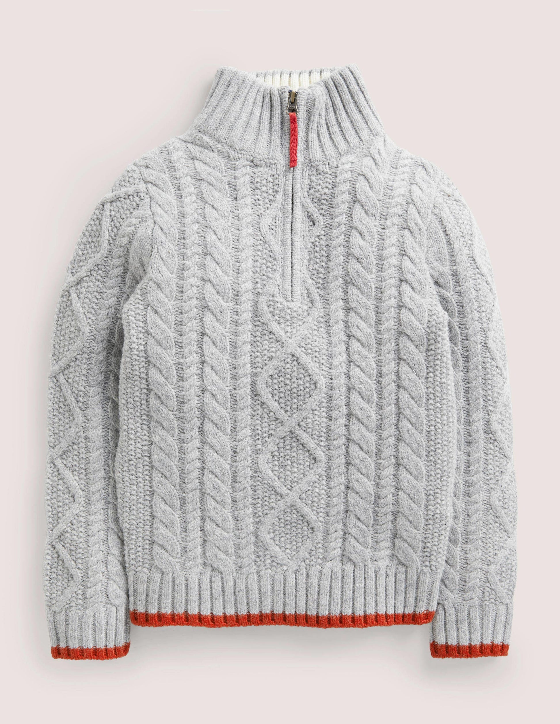 Grey Half Zip Cable Knit Jumper-Grau Meliert, Zopfmuster-1