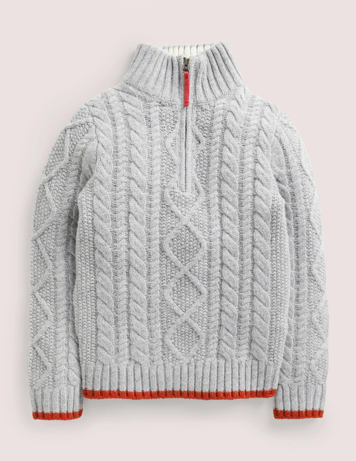 Grey Half Zip Cable Knit Jumper-Grau Meliert, Zopfmuster - Image 1
