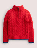 Zopfstrickpullover mit halbem Reißverschluss-Rockabilly-Rot, Zopfmuster