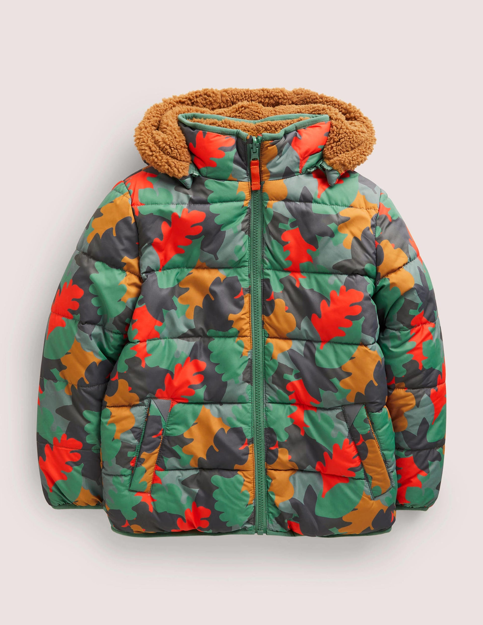 Autumn Leaf Reversible Teddy Puffer Jacket-Rosmaringrün, Herbstlaub-Camouflage-1