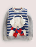 Pullover mit 3D-Polarbär-Navy/Grau, Gestreift, Polarbär