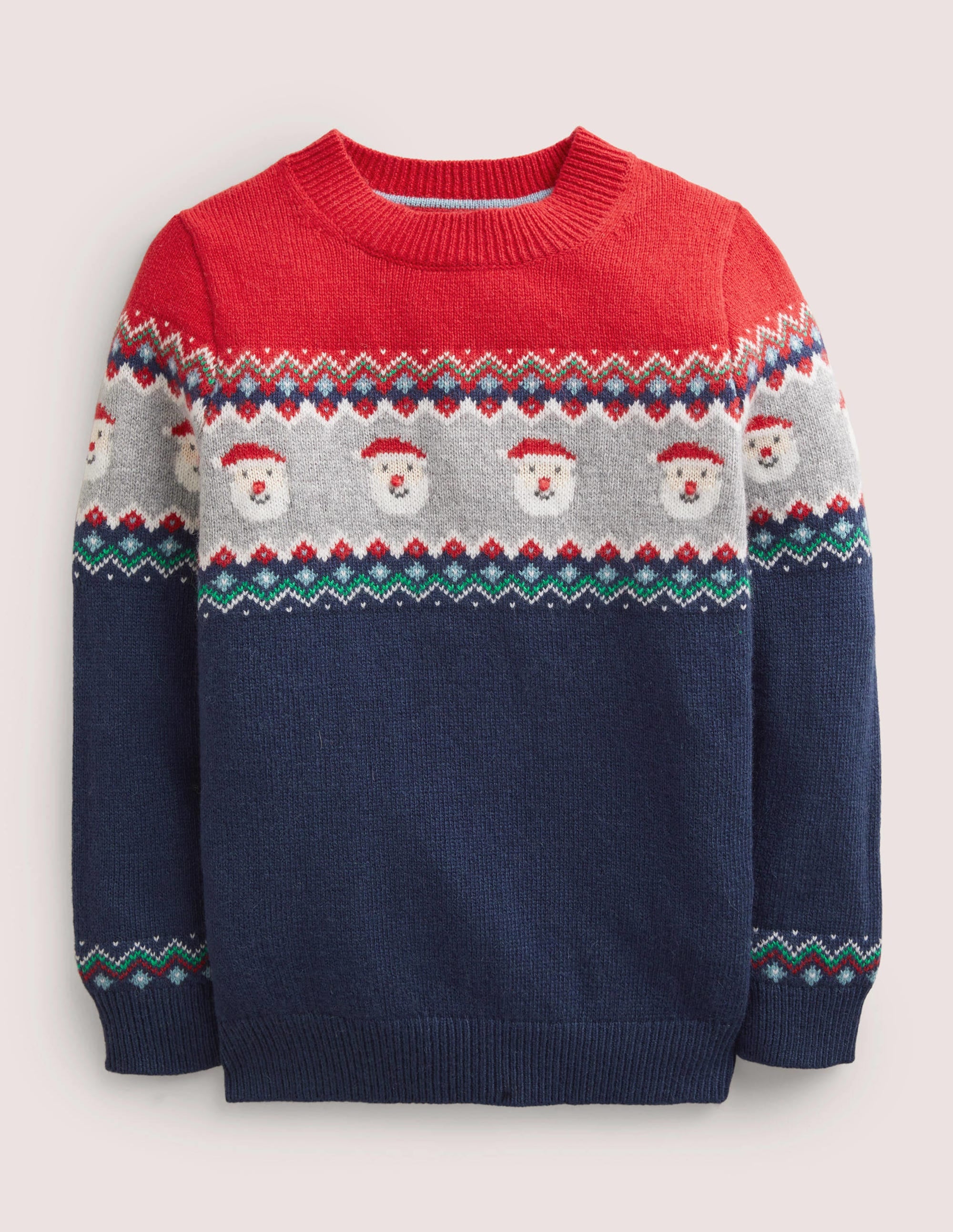 Navy Fair Isle Christmas Jumper-Têtes de père Noël bleu marine universitaire - Image 1