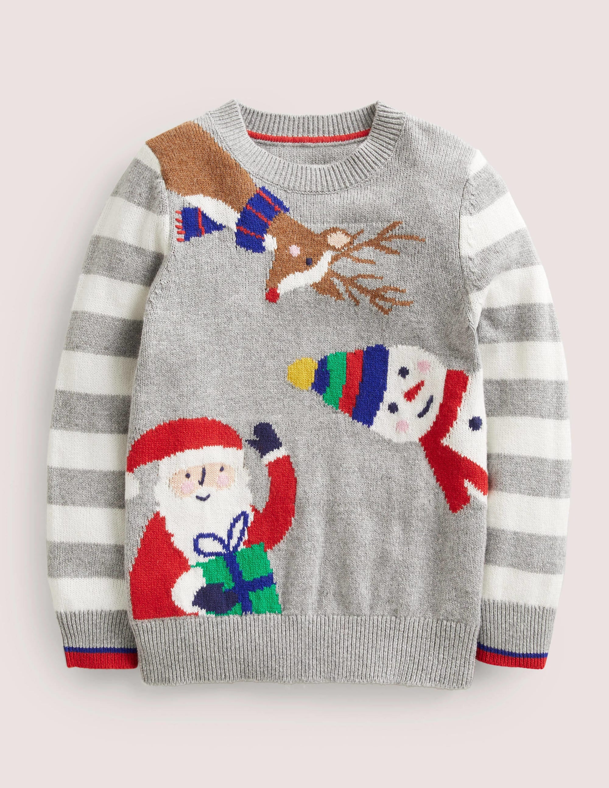 Grey Stripe Festive Christmas Jumper-Grün Meliert, Festliche Freunde - Image 1