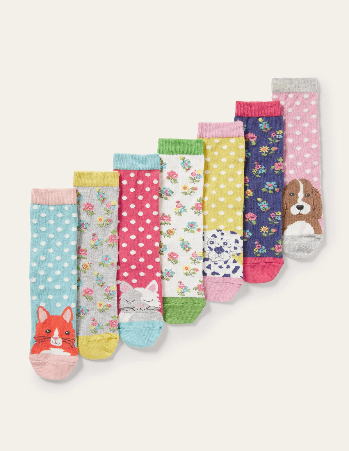 7 paires de chaussettes-Motif animaux de compagnie floraux multi-1